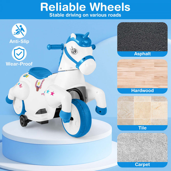 Costway 12v Enfants Monter Sur Jouet Unicorne Avec Roues D'entrainement Musique Un Bouton Demarrer Cheval Jouet Bleu