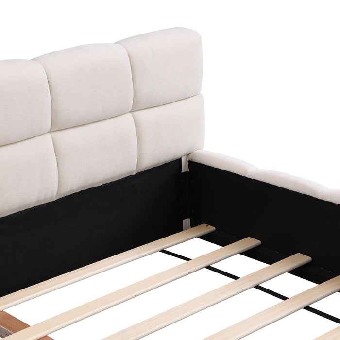 Eleanor Lit elegant avec revetement en chenille et design a damier, Taille Queen, Beige