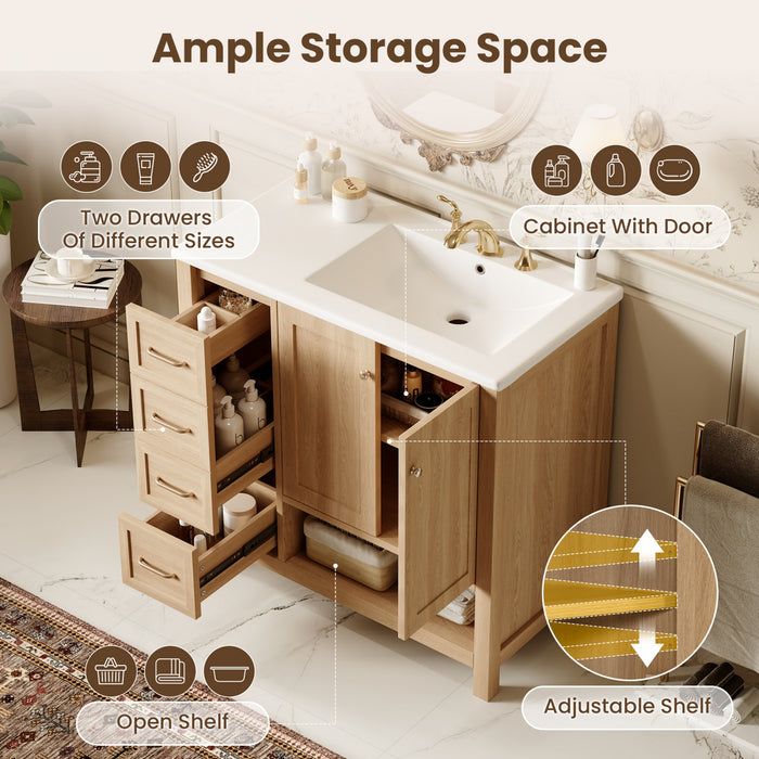 Oakmere Meuble-Lavabo Simple 36 po avec Deux Portes et Deux Tiroirs, Bois Naturel