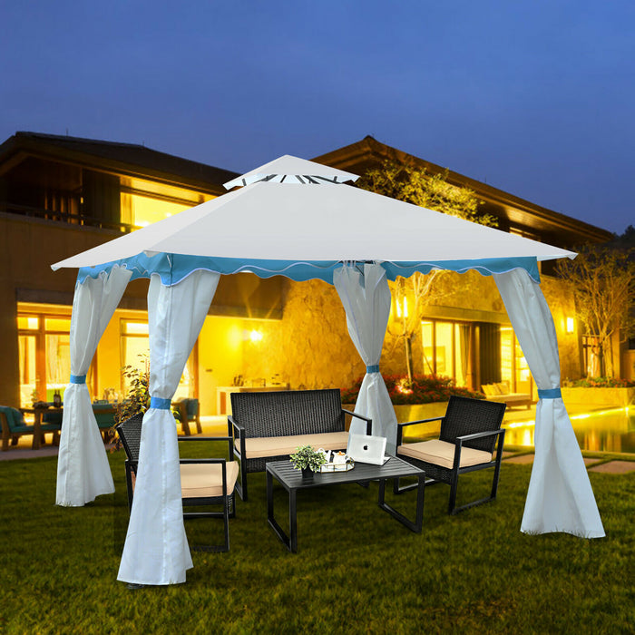 Auvent De 10 Pi X 10 Po En Acier A 2 Etages Pour Abri De Jardin, Tente A Baldaquin A Rideaux