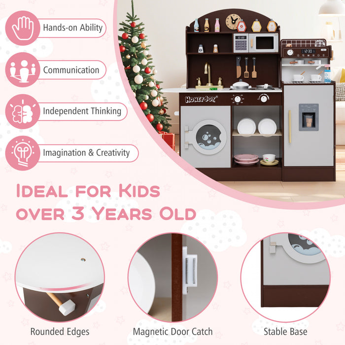Honeyjoy Jeu De Cuisine Pour Enfants Jeu De Cuisine En Bois Avec Horloge, Micro-ondes, Evier, Plateau Brun