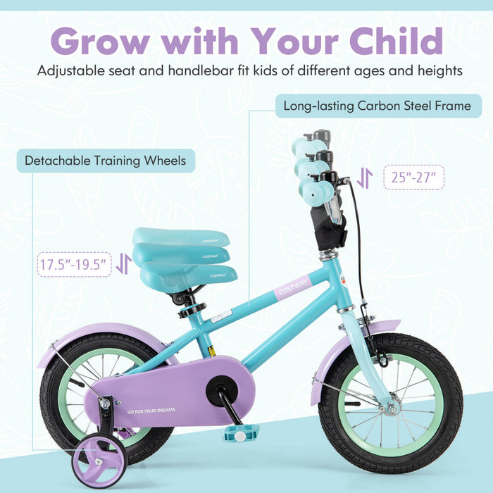 Costway 12\" Velo Pour Enfants Avec Guidon Reglable De Selle Roues D'entrainement Amovibles Frein A Main Bleu