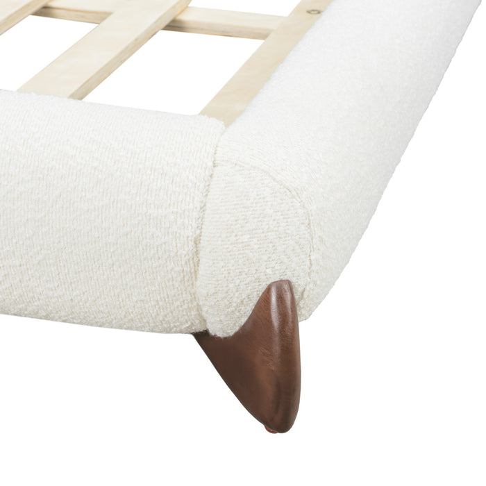 Cadre de lit plateforme Emma a profil bas avec tete de lit courbee et revetement en boucle, taille king, blanc creme