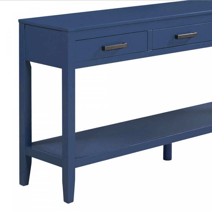 Table d'entree Emma 59,1'' de style ferme avec tiroirs et etagere ouverte, bleue
