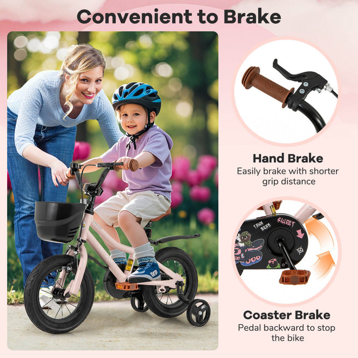 Costway 12\" Velo Pour Enfants Avec Roues D'entrainement Guidon Reglable Et Frein A Main De Siege Rose