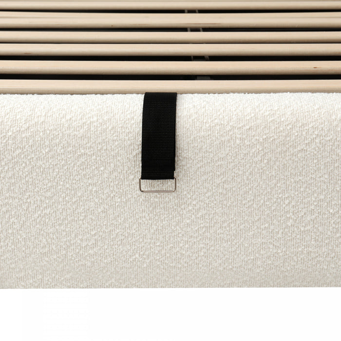 Lit plateforme Laurel avec coffre de rangement a levage hydraulique, tapisserie bouclee et espace de rangement cache sous le lit, taille King, blanc