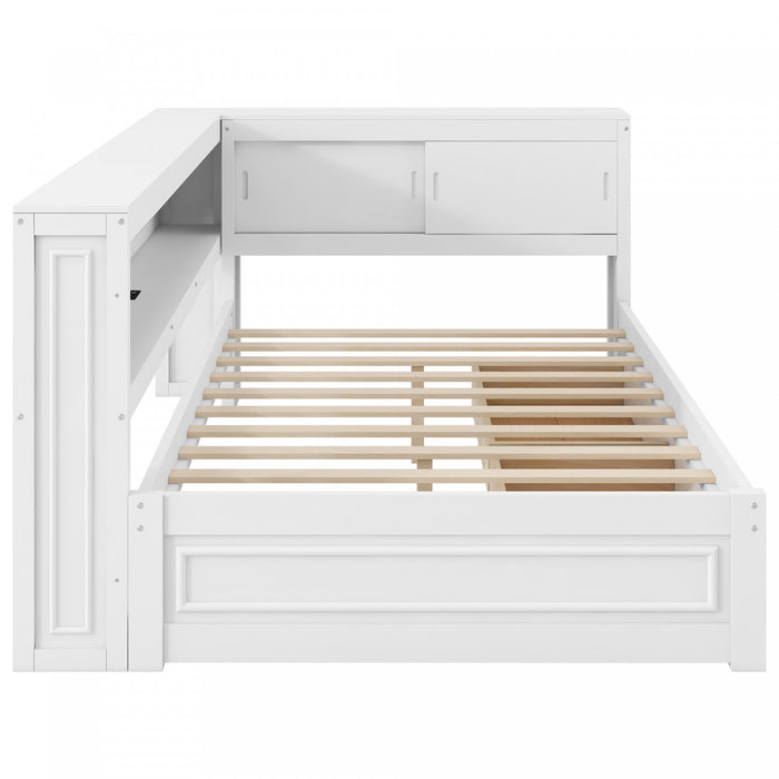Lit de jour Arthur en bois format Full avec LED, port USB et 2 tiroirs de rangement, blanc