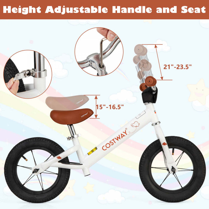Bicycle D'equilibre Costway 12 Pouces Sans Pedale Bicycle D'entrainement Avec Pneus En Caoutchouc Gonflables Blancs