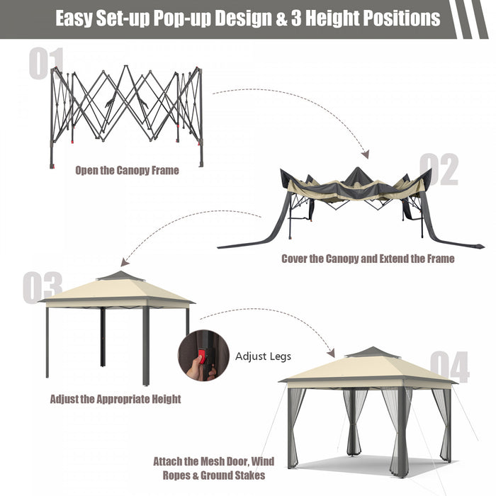 Costway 11’x11’ 2-tier Tente Pop-up Gazebo Abri A Canopy Portatif Sac De Transport Maille Brun