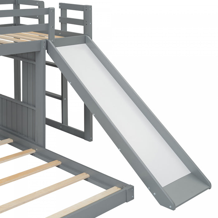 Lit Superpose Marico En Bois Massif, Taille Simple En Haut Et Double En Bas, Avec Toboggan, Design Maison De Jeu, Gris