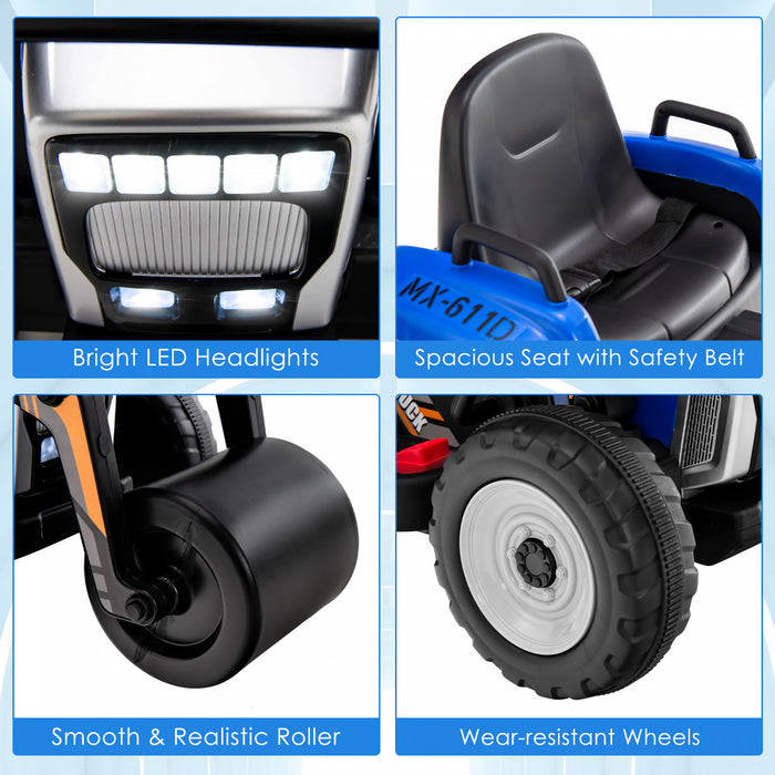 Vehicule De Construction Voiture Electrique Enfants, 2 Modes De Conduite, Avec Telecommande Effets Sonores Lumineux, Rouleau-compresseur Bulldozer, Jouet Enfant 3+ Ans, 113x51x52 Cm, Charge 30 Kg, Bleu/rouge/jaune