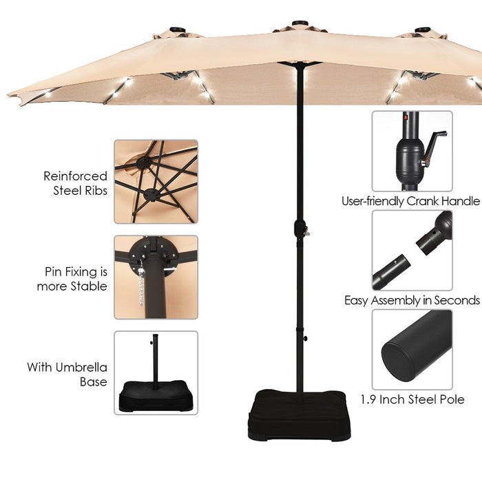 Costway Parasol de marche double-face solaire LED 15Ft Patio avec manivelle pied Beige