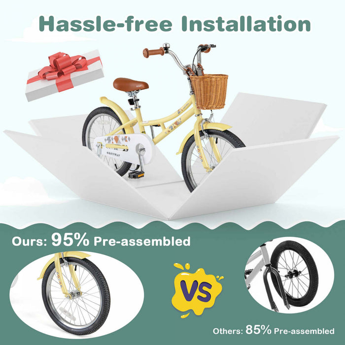 Costway 18\" Velo Enfants Avec Guidon Reglable En Hauteur Siege Panier Cloche Roues D'entrainement Jaune