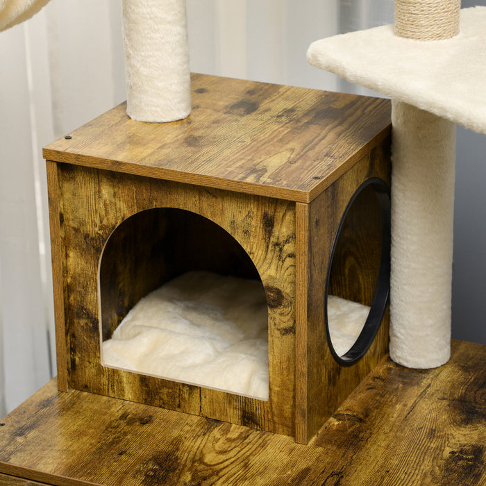 Pawhut Boite A Litiere Avec Tour D'arbre A Chat, Meubles De Toilette Caches Pour Chat Avec Condo, Griffoirs, Grande Plate-forme, Hamac Et Coussin Moelleux, Marron Rustique