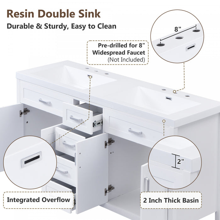 Dune Meuble-Lavabo Double 59 po avec Vasques en Resine et 4 Tiroirs, Blanc