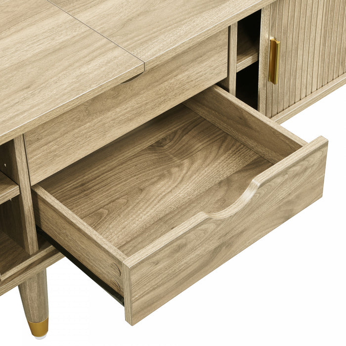Rustic Meuble TV 69 po avec Porte Coulissante et Finition Bois Clair, Bois