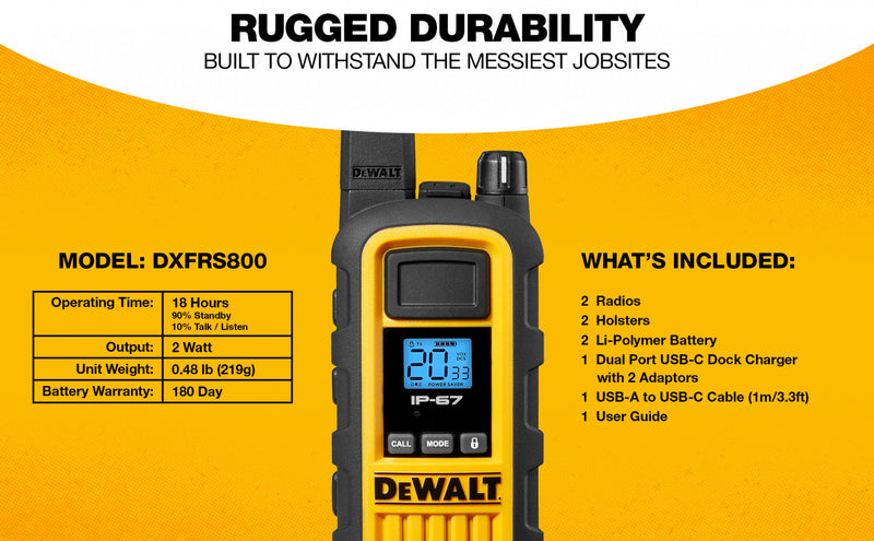 2 Talkies-walkies Dewalt Dxfrs800 - 2 Watts, Robustes, Radios Bidirectionnels Longue Portee A 22 Canaux