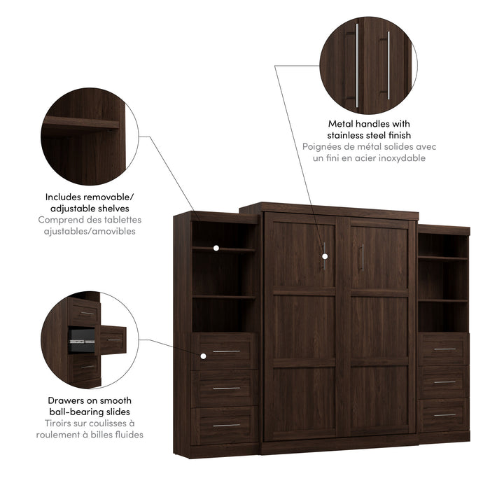 Grand lit escamotable Pur de Bestar de 115 po avec 2 meubles à tablettes et tiroirs - noyer noir