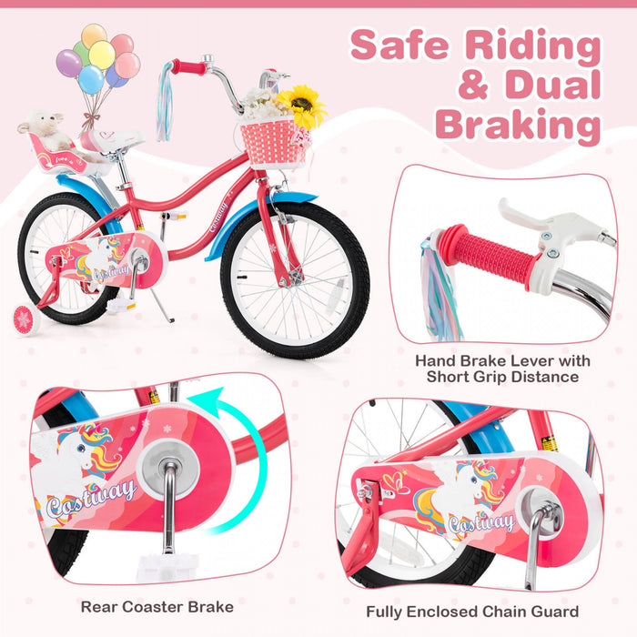 Costway 18\" Velo Pour Enfants De 4 A 8 Ans Avec Siege De Poupee Panier Et Streamers Colores Kickstand Rose