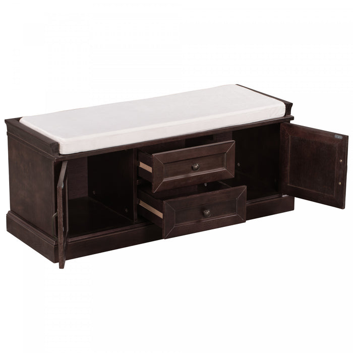 Banc De Rangement Boyce En Bois Massif Avec Meuble A Chaussures 4 Portes Et Coussin, Espresso