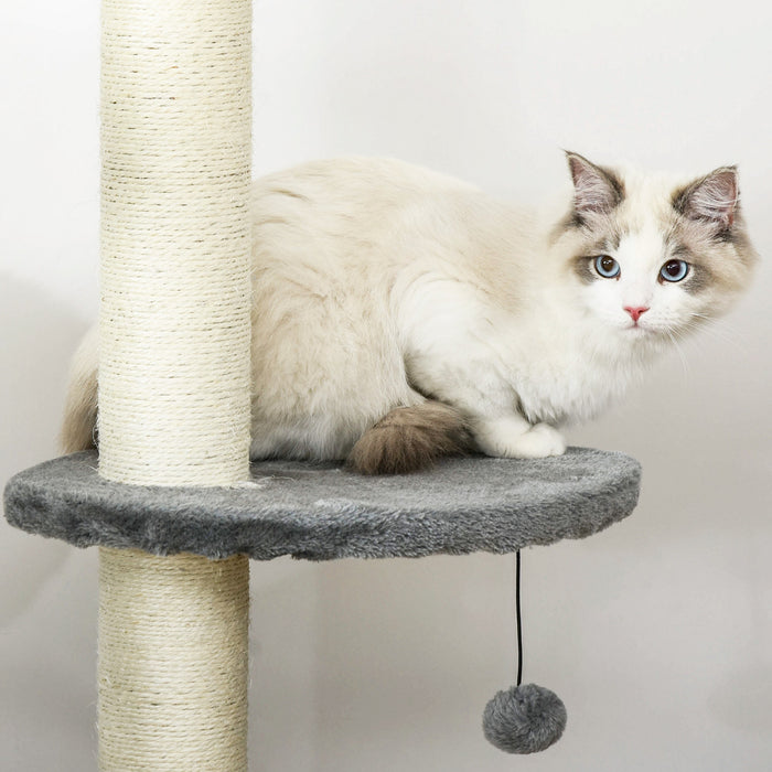 Pawhut Arbre A Chat A 4 Niveaux Du Sol Au Plafond, Grande Tour Pour Chat Avec Griffoir, Rembourrage En Peluche, Jouet Balle, Condo Pour Chat Pour Chats D'interieur, Gris Clair