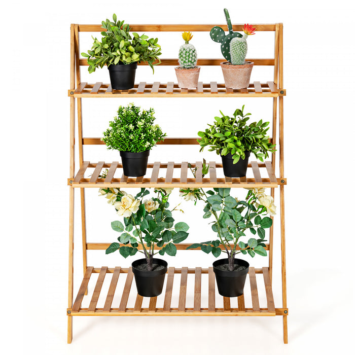 Support De Plantes De Marque Costway Echelle Pliable En Bambou Sur 3 Niveaux Presentoir/support Pour Pots De Fleur Naturel
