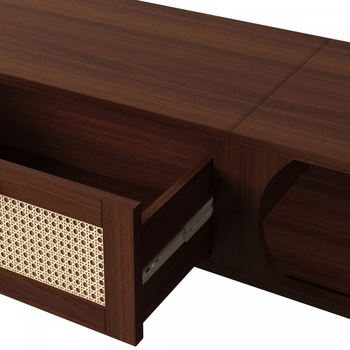 Rustic Meuble TV 67 po avec Portes Coulissantes en Rotin et Tiroirs, Bois