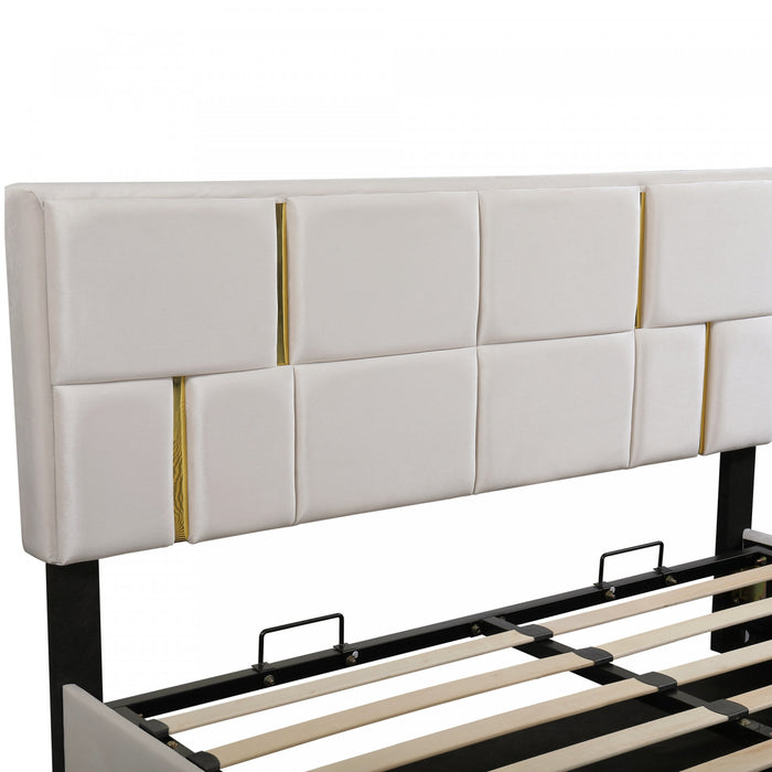 Ensemble De Chambre Nicole 2 Pieces Avec Lit Plateforme Tapisse Et Banc Coffre, Taille Queen, Beige