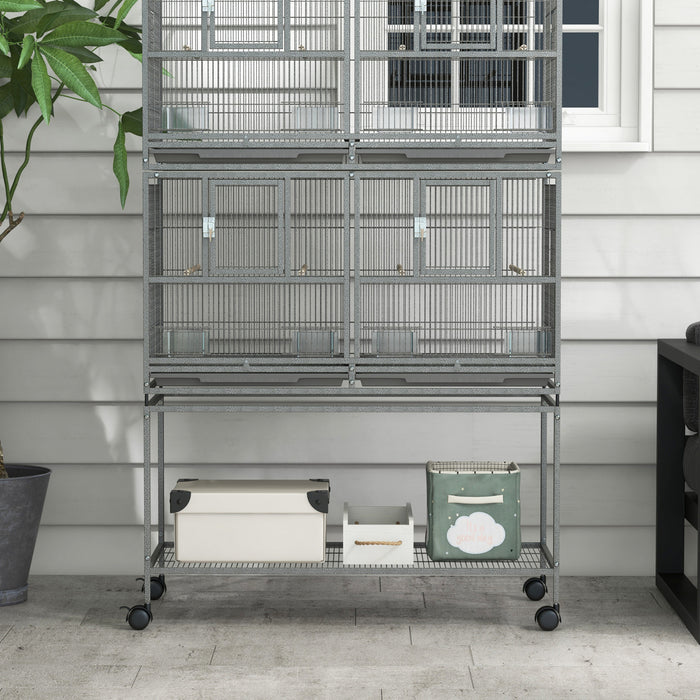 Pawhut Grande Cage A Oiseaux En Metal A Double Roulement Avec Plateau En Metal Amovible, Etagere De Rangement, Perchoir En Bois, Recipient Alimentaire, Gris