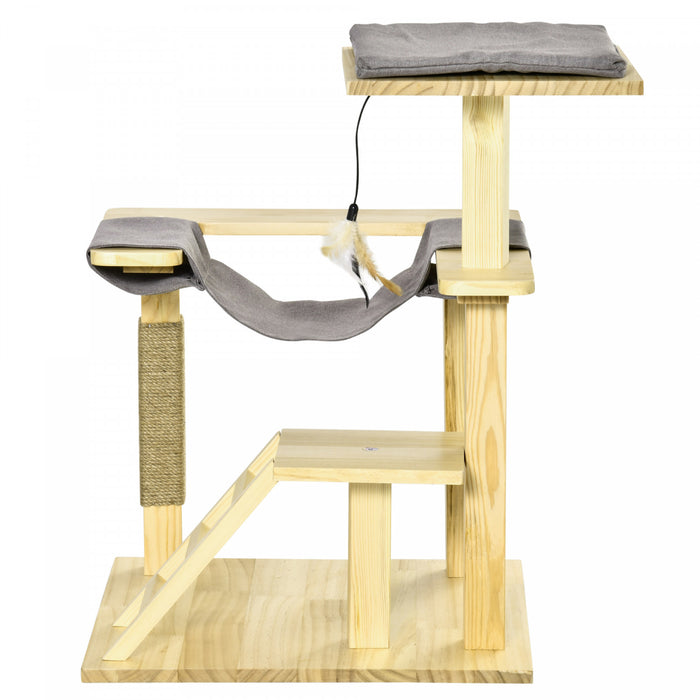 Pawhut Arbre A Chat Centre D'activites Multi-equipe Griffoirs En Jute Plate-formes Echelle Hamac Coussin Inlus Interieur Exterieur Bois De Pin Dim. 19\"l X 19\"l X 30.75\"h Bois Naturel Gris