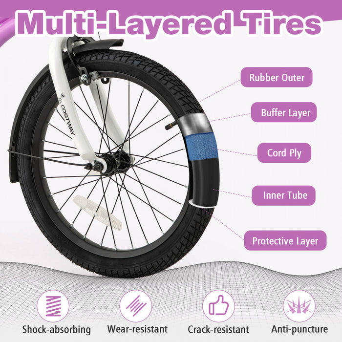 Costway 18\" Velo Pour Enfants Pour Garcons Et Filles De 4 A 8 Ans Avec Reflecteurs De Frein A Main Reglables Violet