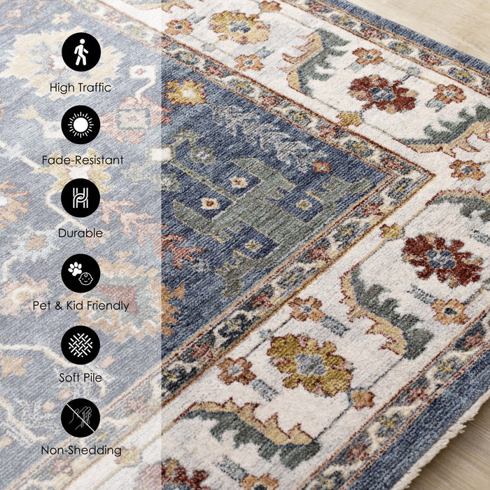 Tapis Olivia bleu a inspire tribal avec bordure, 5'3\" x 7'10\"
