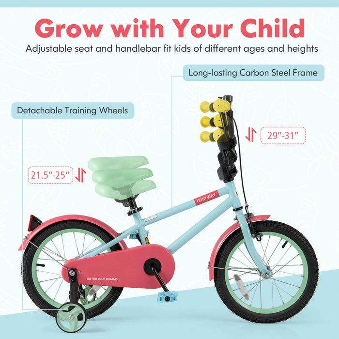 Costway 16\" Velo Pour Enfants Avec Guidon Reglable De Selle Roues D'entrainement Amovibles Frein A Main Rouge