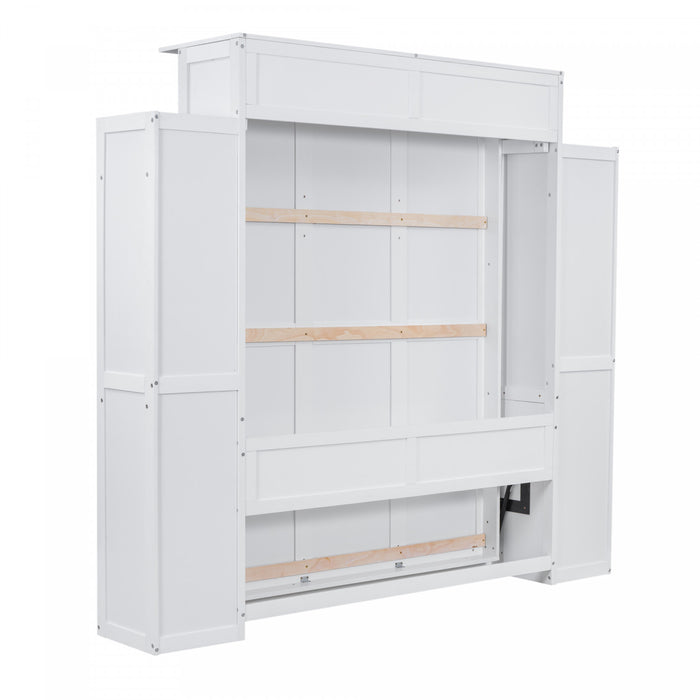 Aiden Lit escamotable Murphy avec etageres et eclairage LED, taille Queen, blanc