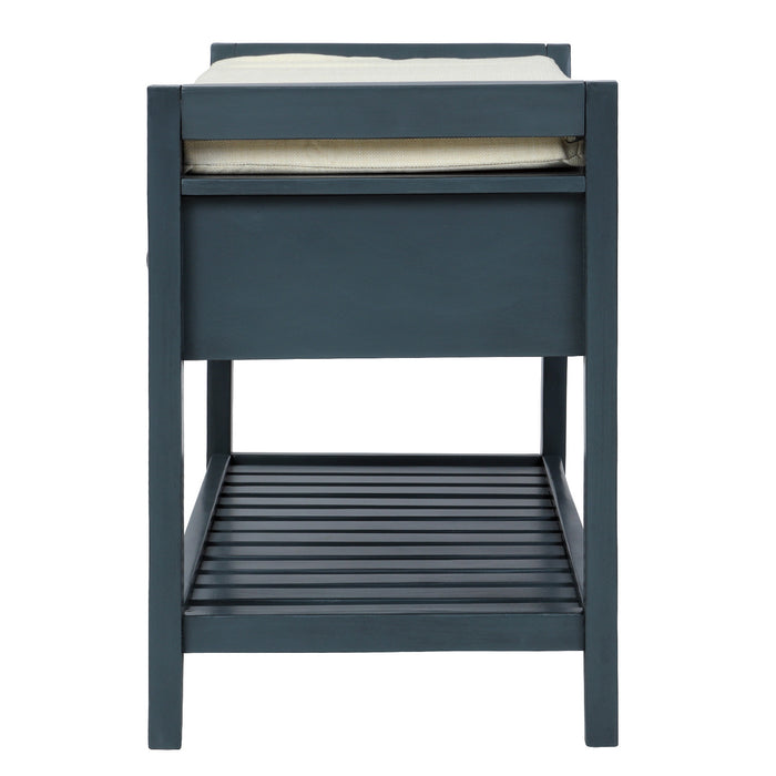Banc A Chaussures Stephanie En Pin Avec Siege Rembourre Et Tiroirs De Rangement, Bleu Marine Antique