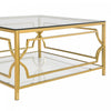 Gleam 33.5 Inch Square Tempered Glass Coffee Table with Geometric Gold Frame and Lower Shelf, Transparent | Gleam Table Basse Carree en Verre Trempe 33.5 po avec Cadre Geometrique Dore et Etagere Inferieure, Transparent