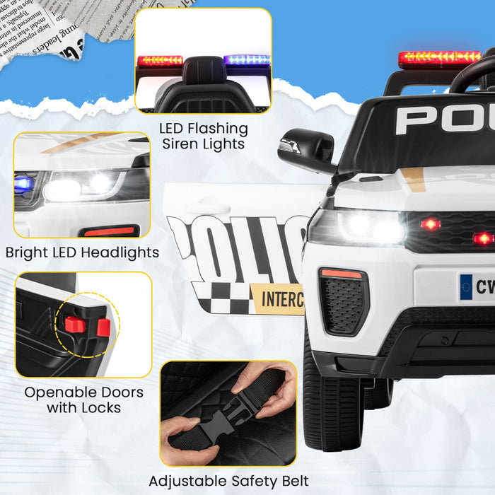 Honeyjoy Kids Ride Sur Voiture De Police 12v 7a Alimentee Par Batterie Voiture De Police Avec Telecommande Blanche