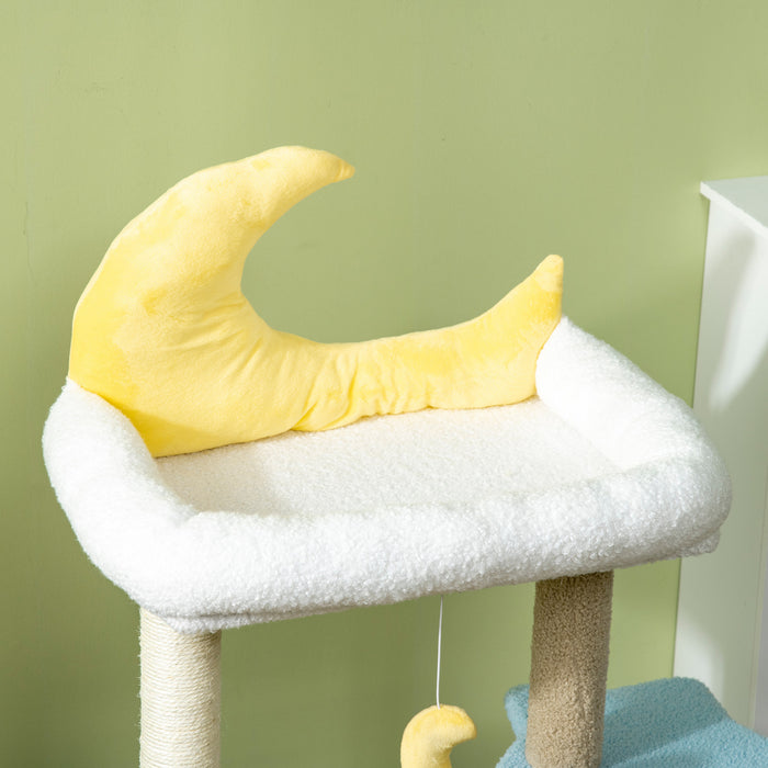 Pawhut 41\" Arbre A Chat Pour Chats D'interieur Avec Maison Et Lit En Peluche Polaire, Tour Pour Chaton Avec Griffoir, Jouet Suspendu En Forme De Lune, Plate-forme Etoile, Bleu