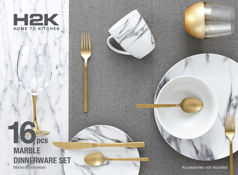 Ensemble de Vaisselle 16 Morceaux en Porcelaine Effet Marbre, Service de Table Moderne pour 4 Personnes