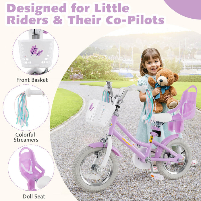 Costway 12 Pouces Enfants Velo Avec Roues D'entrainement Poupee Siege Panier Streamers Frein A Main Violet