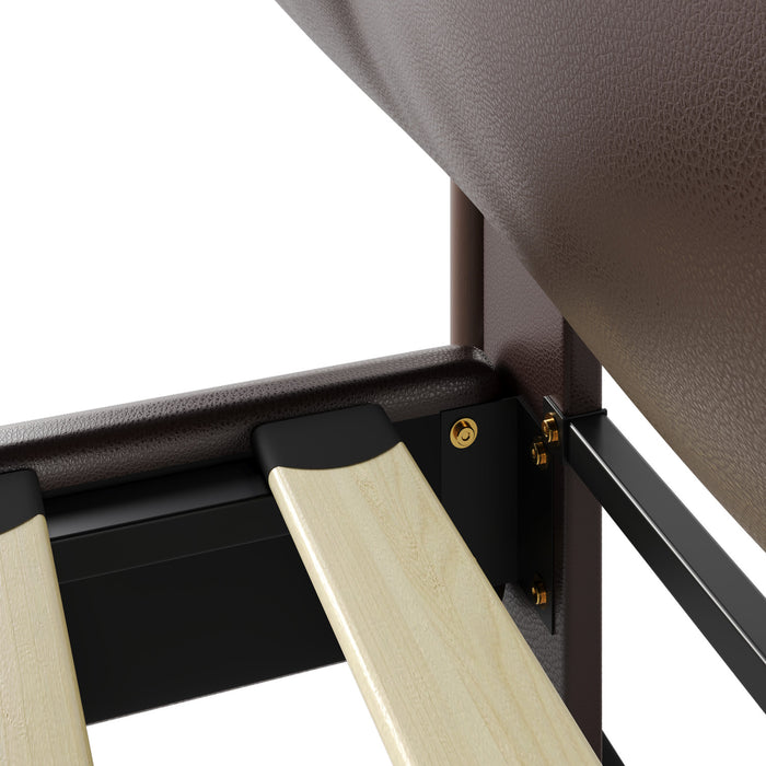 Cadre de lit plateforme en simili cuir Emma avec tete de lit, taille Queen, marron fonce