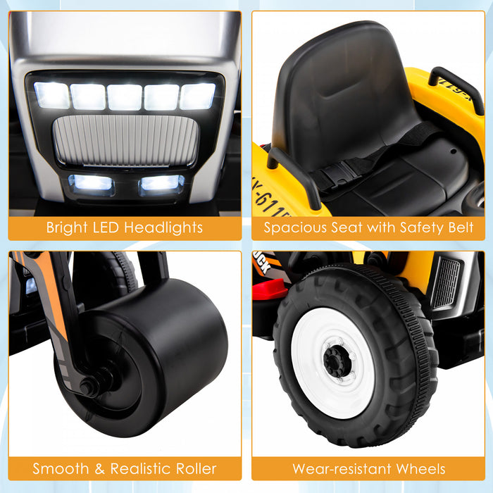 Costway Enfants Roulent Sur La Route Rouleau 12v Tracteur Electrique A Distance W / Musique & Led Jaune Clair