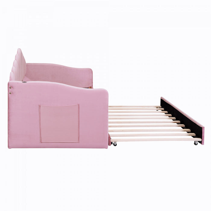 Lily Lit Relevable Capitonne avec Lit Gigogne et Ports de Chargement USB, Taille Twin, Rose