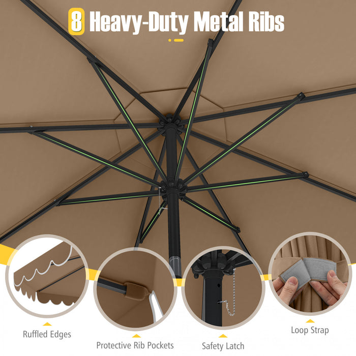 Parasol de patio Costway 10 FT avec reglage d'inclinaison a manivelle, bordures, haut ventile, 8 baleines, marron