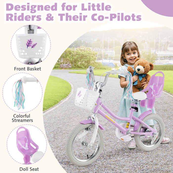 Costway 14 Pouces Enfants Velo Avec Roues D'entrainement Poupee Siege Panier Streamers Frein A Main Violet
