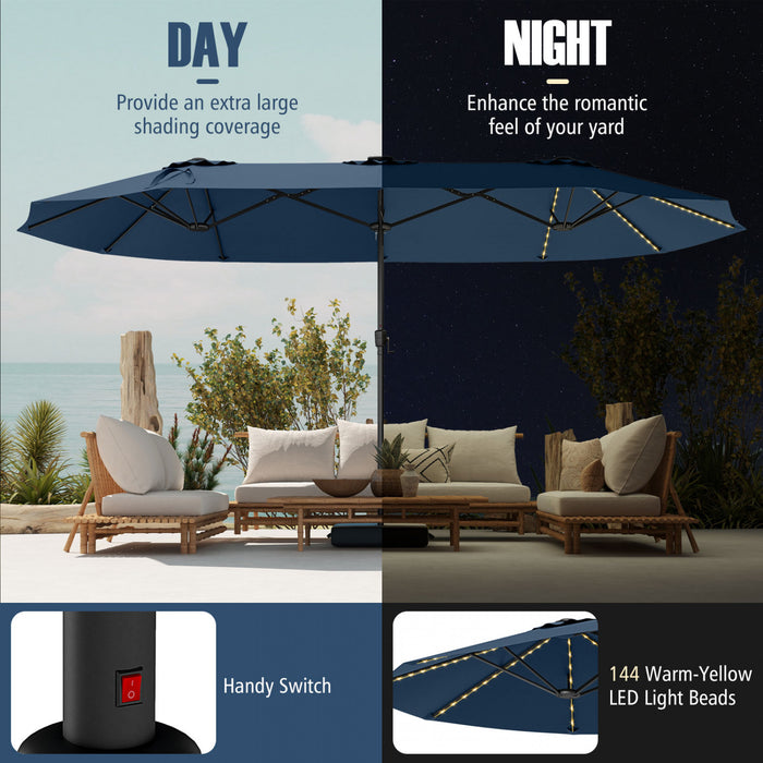 Costway Parasol de patio extra-large de 15,5 pieds avec lumieres solaires LED et 12 baleines robustes bleu marine