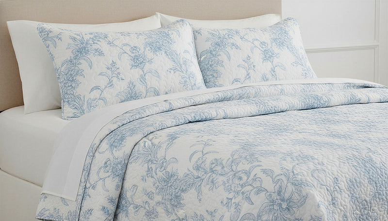 Ensemble de Courtepointe Reversible 3 Pieces pour Tres Grand Lit, Literie Florale Bleue et Blanche en Microfibre