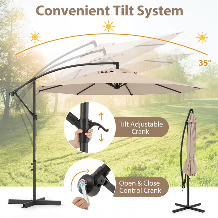 Costway Parasol suspendu 10' pour patio, ombre solaire decalee avec base T Croix exterieur Marche Beige