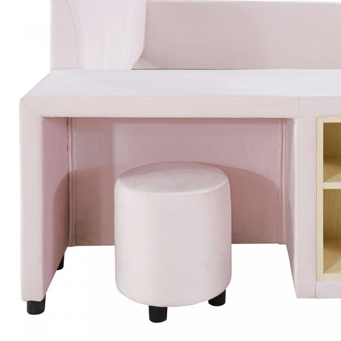 Lit Lily en velours rembourre avec bureau et tabouret, taille Queen, rose