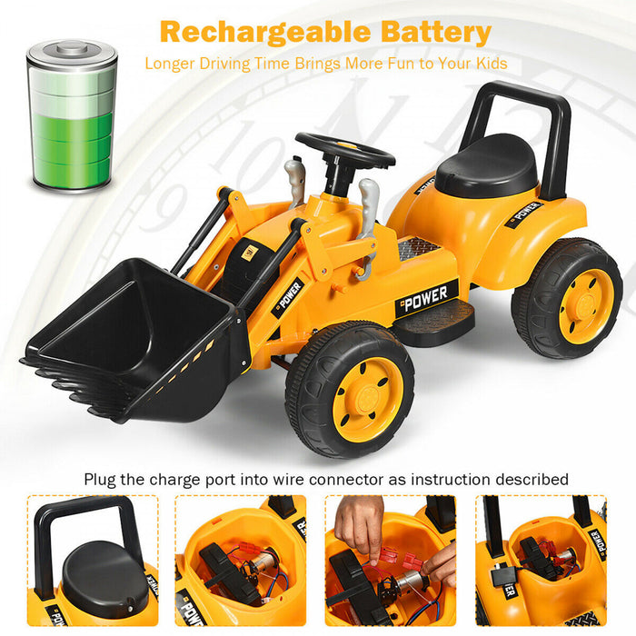 Les Enfants Montent Sur Le Tracteur A Batterie 6v De L'excavatrice W/digging Bucket Jaune